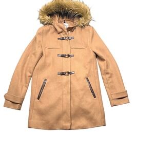 Cole Haan Signature Womens Camel Wool Blend Faux Fur Hood Toggle Coat Duffel 6 M